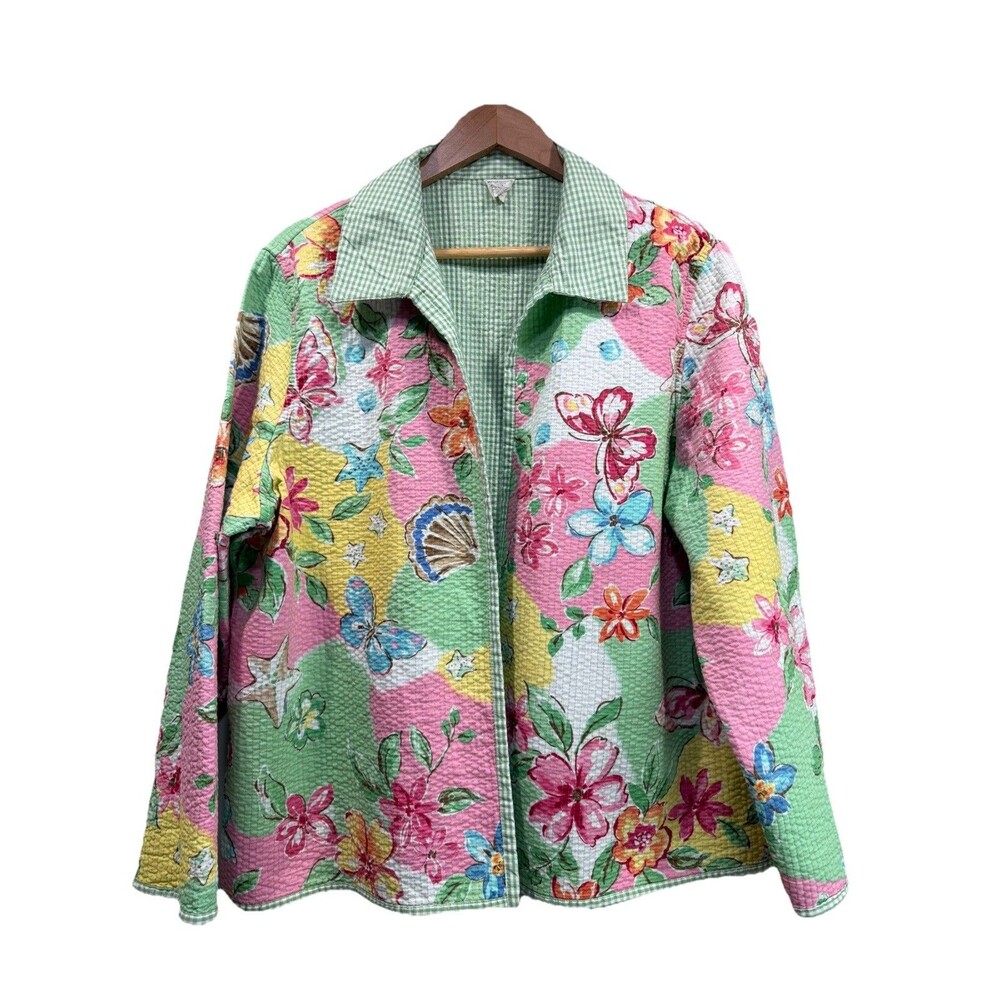 ALFRED DUNNER  Womens Plus 20W Floral Seersucker Open Cardigan Collared Jacket